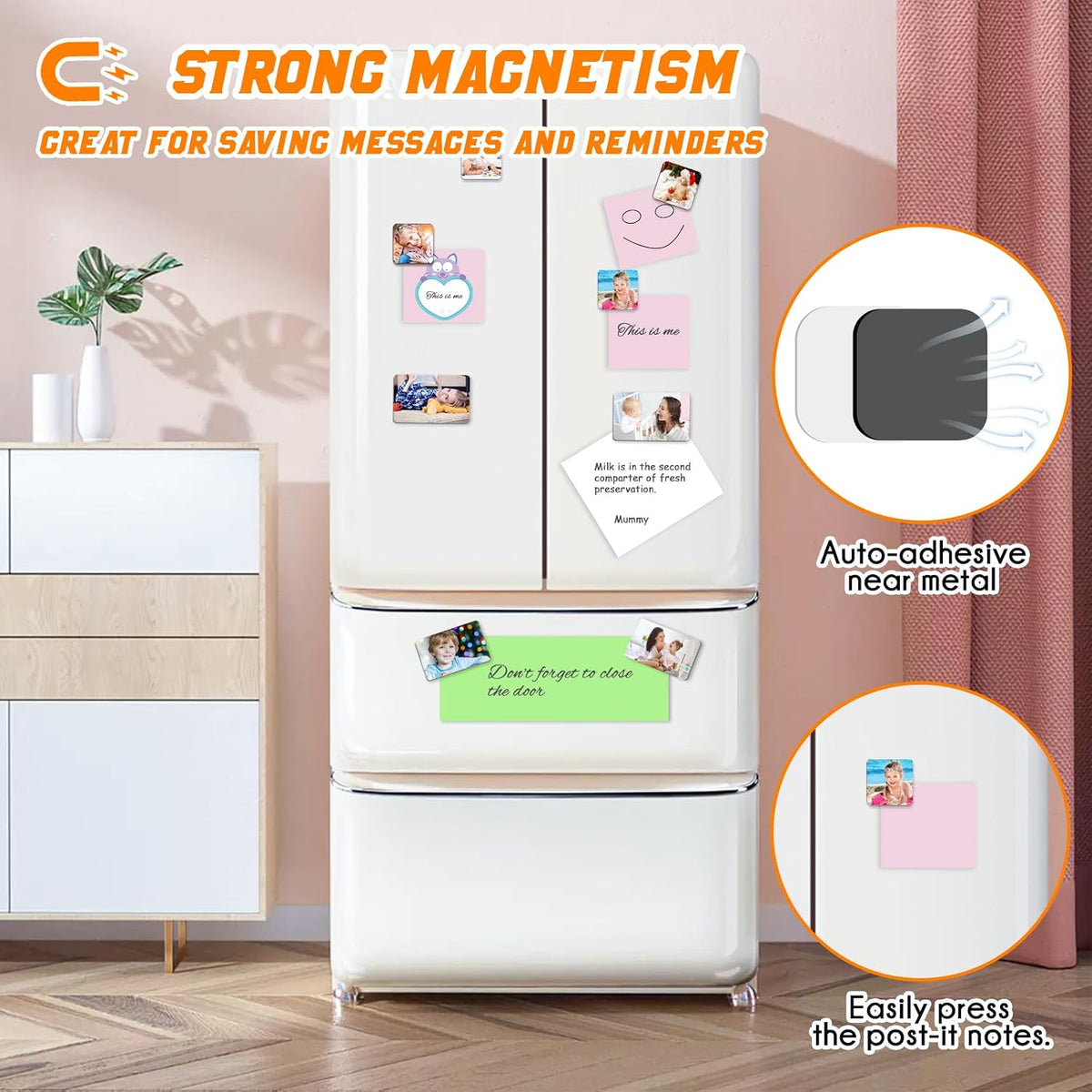 Flexible photo magnets on a refrigerator door next to sticky notes